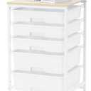 Utility Cart with 5 Drawers,Storage Drawer Cart with Wooden Tabletop and Lockable Wheels,Craft Storage Trolley Cart,5-Tier Rolling Utility Cart on Wheels,Bright White