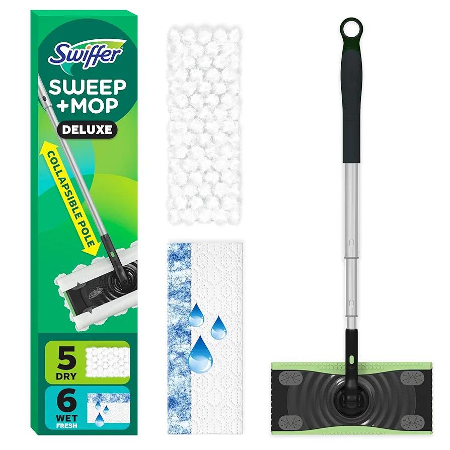 Swiffer Sweep and Mop Deluxe, 2-in-1 Floor Mopping and Sweeping Kit, Kit Includes 1 Sweeper Device, 5 Heavy Duty Dry Sweeping Cloths, 6 Heavy Duty Wet Mopping Cloths