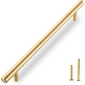 OOGRISUN 2-Pack Solid Brass Cabinet Pulls, Gold Long Drawer Handles,12-3/5 inch Hole Center for Large Kitchen Cabinets, Cupboard, Dresser, Wardrobe Closet Door, Brushed Brass Finish