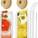 LIBWYS 16oz Double Wall Drinking Glass Cups with Bamboo Lids and Straws, 2 Pc Set  Condensation Resistant Insulated Glass Can Tumblers for Cold Drinks, Iced Coffee, Tea, Juice, Cleaning Brush