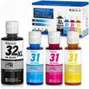 31 32XL Ink Bottle Set Refill for HP Smart Tank 7600 7602 7300 7301 7001, 5000 5101 5102, 6000 6001 651 551 Printer. Black CMY
