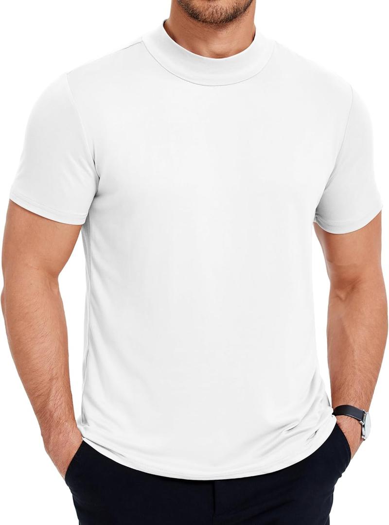 COOFANDY Men's Mock Turtleneck T Shirt Short Sleeve Slim Fit Basic Casual Undershirt Solid Color Pullover Tee (XX-Large, A-white)