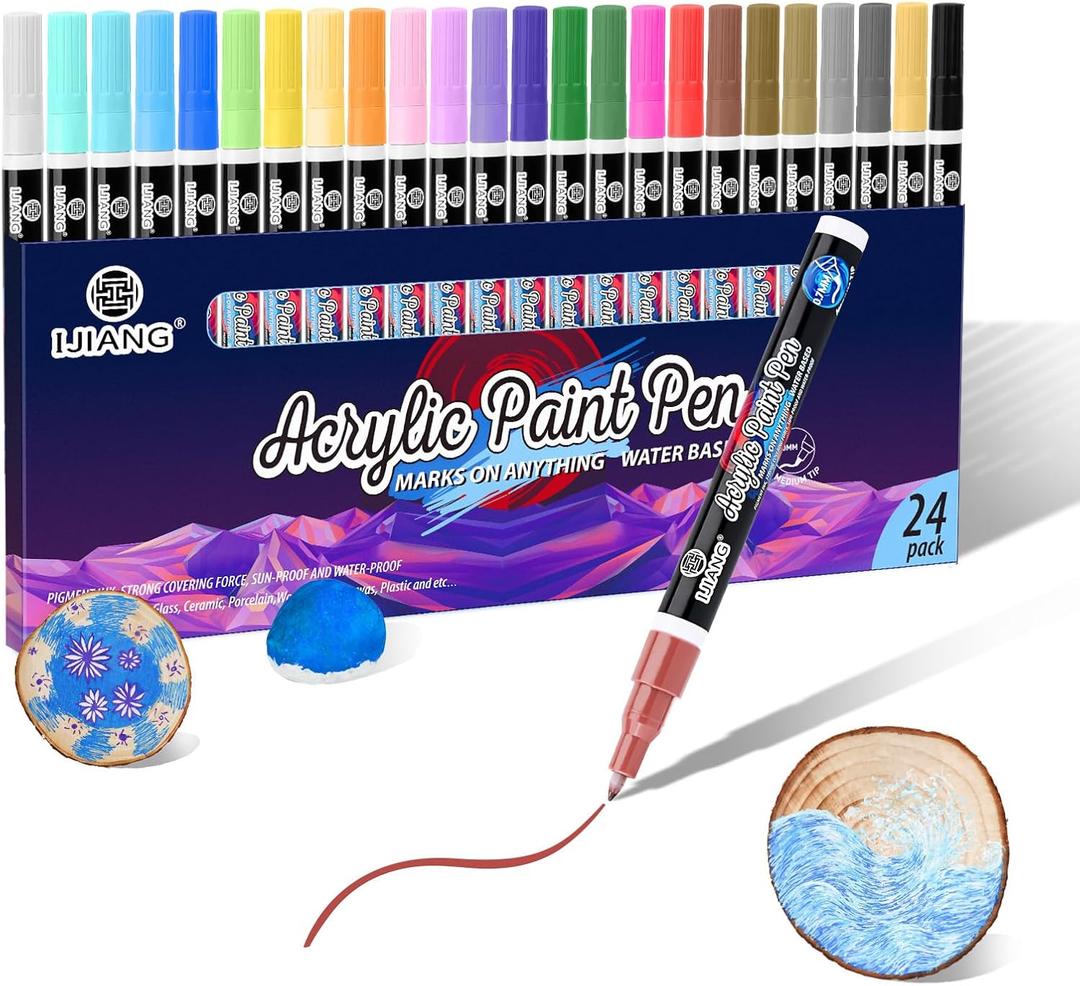 IJIANG Acrylic Paint Pens 24 Colors Paint Markers Set Extra Fine Tip 0.7mm Drawing Marker Premium Painting Pen for Rock Painting, Wood, Ceramic, Canvas, Glass, Stone, Fabric, DIY Crafts & Art Supplies