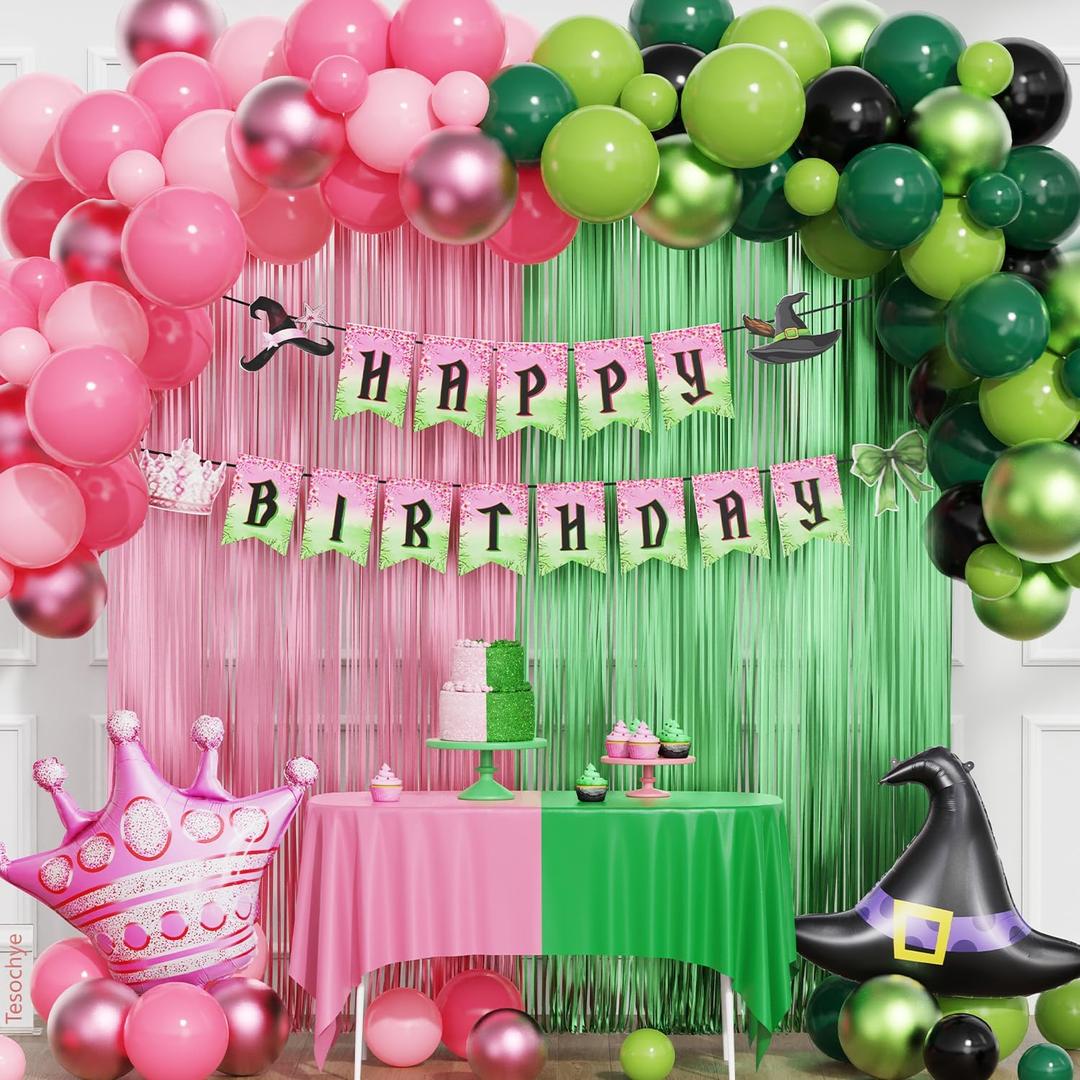Witch Theme Party Decorations Pink and Green Streamers Backdrop Balloons Kit with Crown Witch Hat Balloon Fringe Curtains Happy Birthday Banner for Princess Witch Birthday Party Supplies