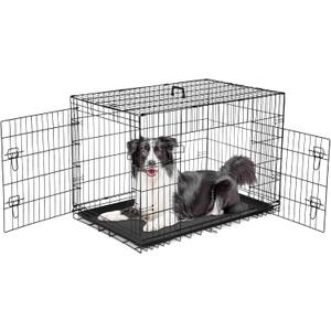 Sweetcrispy 42 Inch Dog Crate, Medium Large Crates Double Door Folding Metal Wire Dog Cage with Plastic Leak-Proof Pan Tray, Pet Kennel for Indoor, Outdoor, Travel (42.5"L x 26.8"W x 29.1"H)