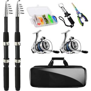 Telescopic Fishing Rod and Reel Combo Set, 2PCS Collapsible Fishing Poles, Fishing Kit with Spinning Reel Fishing Pliers and Lip Gripper, Travel Saltwater Freshwater Fishing Gear for Adults Beginners