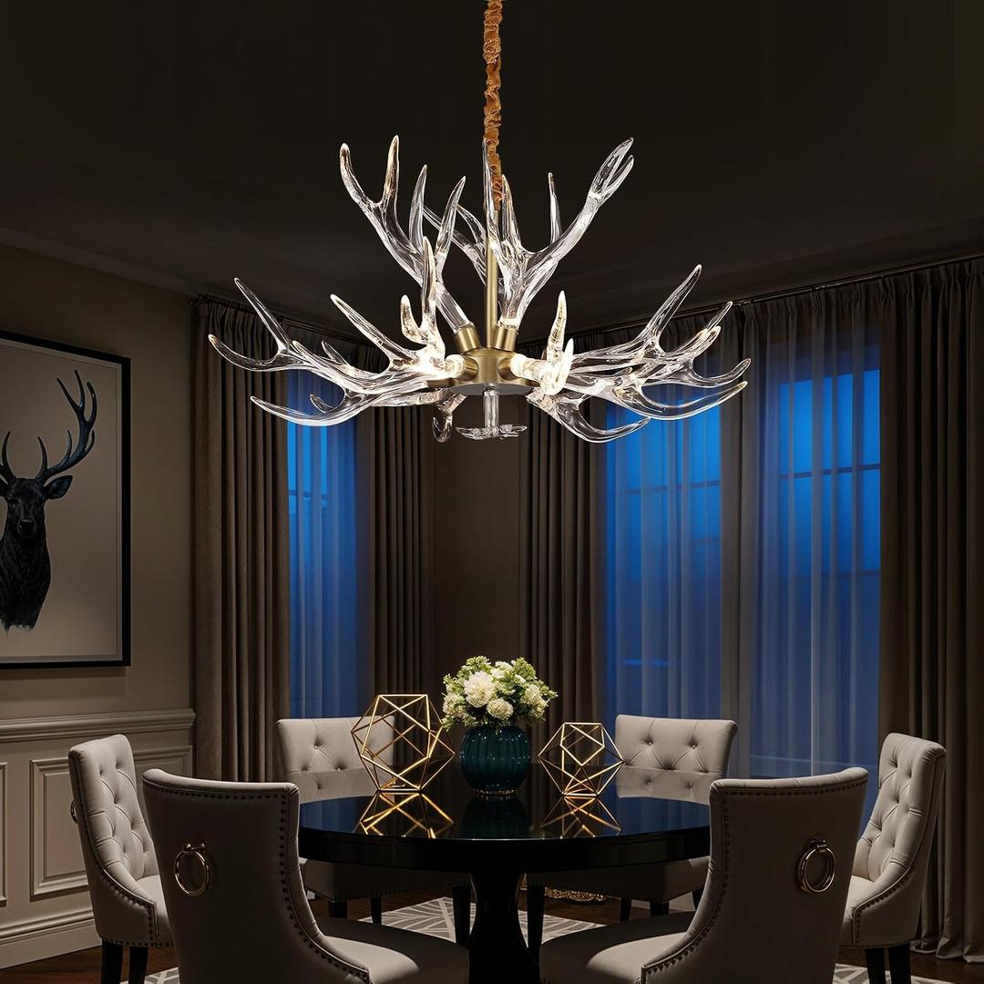 Acrylic Antler Chandelier Ceiling Light Fixtures, Clear Resin Deer Antler Chandelier Dimmable Lighting for Dining Living Room, Bedroom, Kitchen, Cabin, Farmhouse 32.3" 9 Lights
