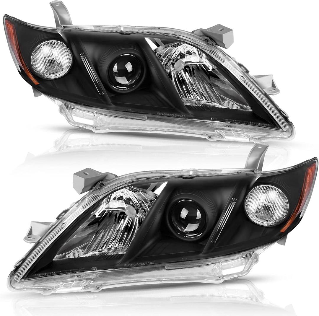 AUTOSAVER88 Projector Headlight Assembly Compatible with 2007-2009 Camry Exclude Hybird Black Housing Amber Reflector Clear Lens Headlamps Replacement