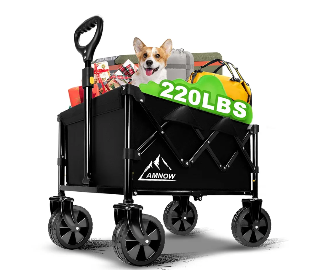 Collapsible Wagon Cart with Wheels Foldable, Folding Wagons Carts with Silent Universal Wheels, Large Grocery Cart On Wheels, Heavy Duty Utility for Shopping Beach Sports Fishing Camping, Black