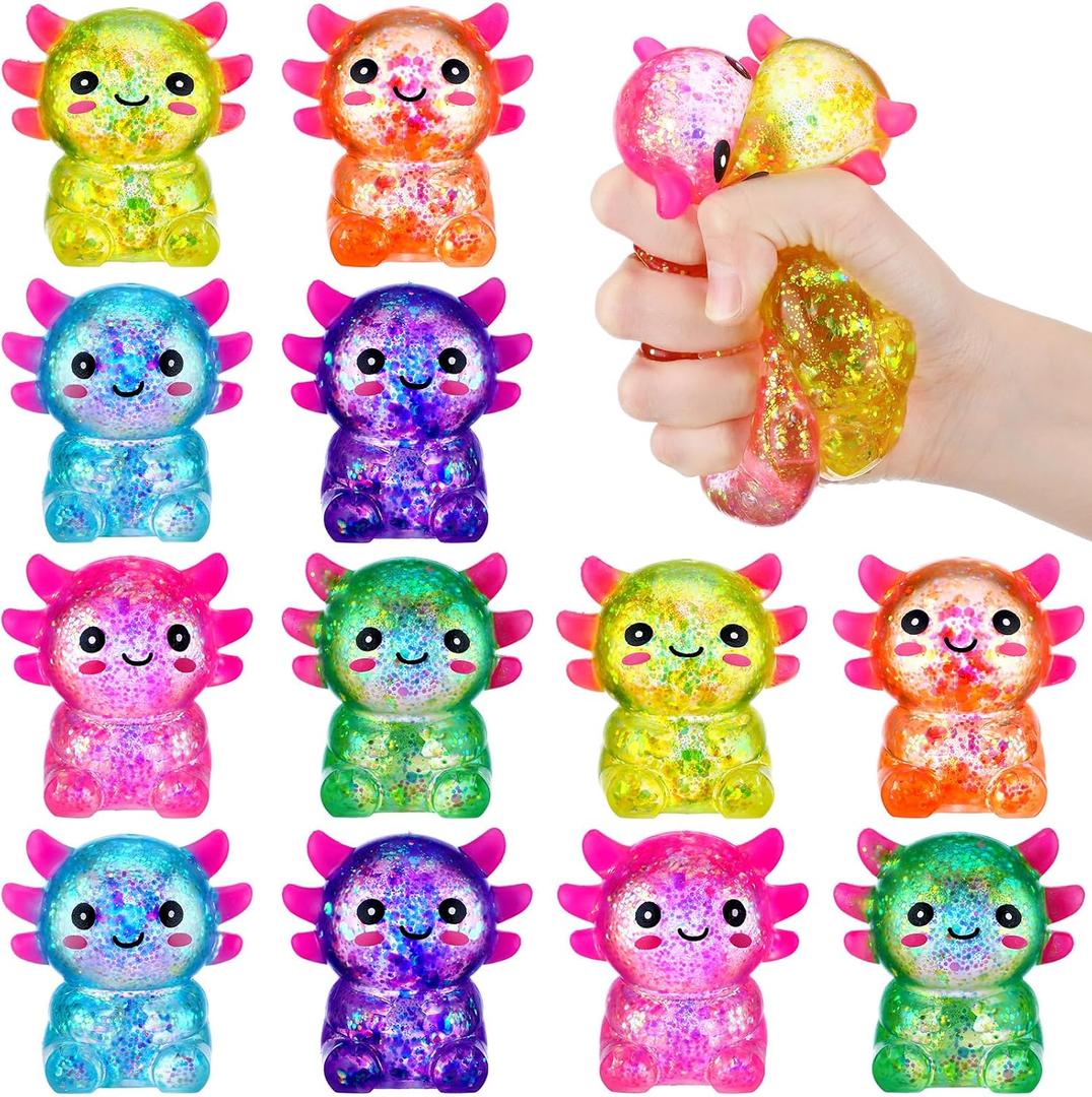 Meooeck 12 Pcs Axolotl Fidgets for Adults Glitter Axolotl Party Favors, Candy Color