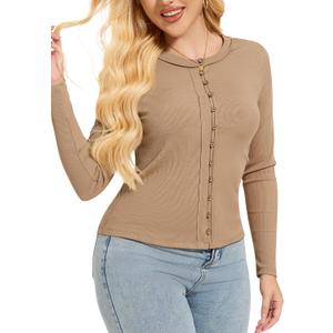 LOZ Womens Long Sleeve Button Down Shirts Slim Fit Crew Neck Tops Cute Ribbed Knit Casual Blouses Fashion Outfits,