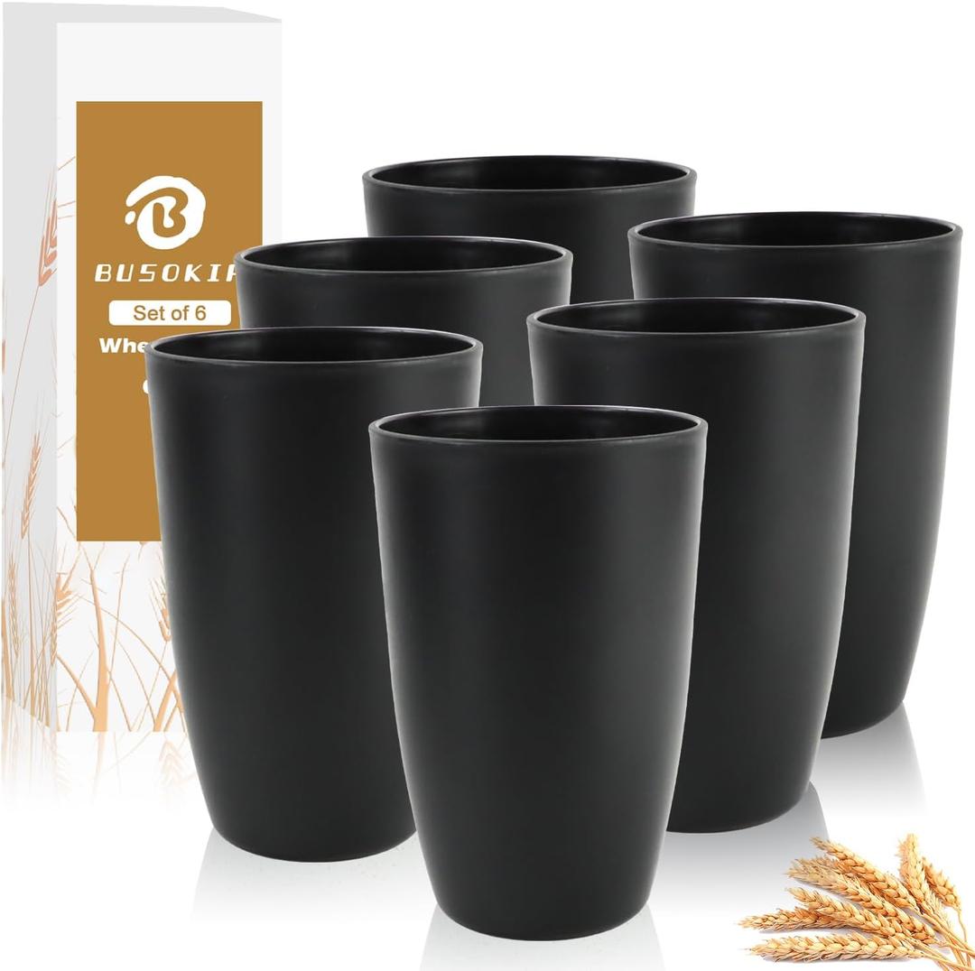 20 OZ Wheat Straw Cups SetS of 6, Unbreakable Drinking Cup, Alternative to Plastic Cups Reusable, Microwave & Dishwasher Safe Big Cup, Large Drinking Glasses for Kitchen, Party (Black)