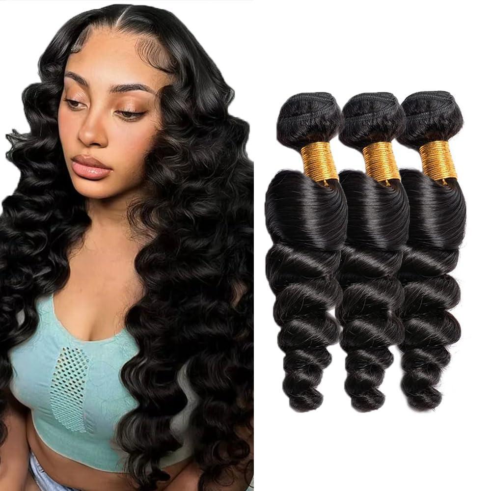 Human Hair Bundles Loose Wave Bundle 24 26 28 Inch Unprocessed Brazilian Virgin Remy Hair Black Loose Wave 3 Bundles #1B Human Hair Extension 150g