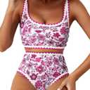 Herseas Womens Bikini Sets Floral Color Block Trim Two Piece Trendy Swimsuits High Waisted Scoop Wireless Pink Bathing Suits, Small