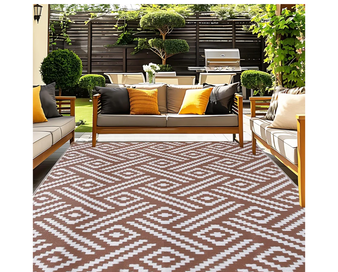 OPPODREAM Outdoor Rug 5x8 Ft, Waterproof Outdoor Plastic Straw Rug for Patio, Reversible Out Door Carpet for Camping, Deck, Rv, 5 x 8 Area Carpet for Balcony, Porch, Backyard, White and Brown