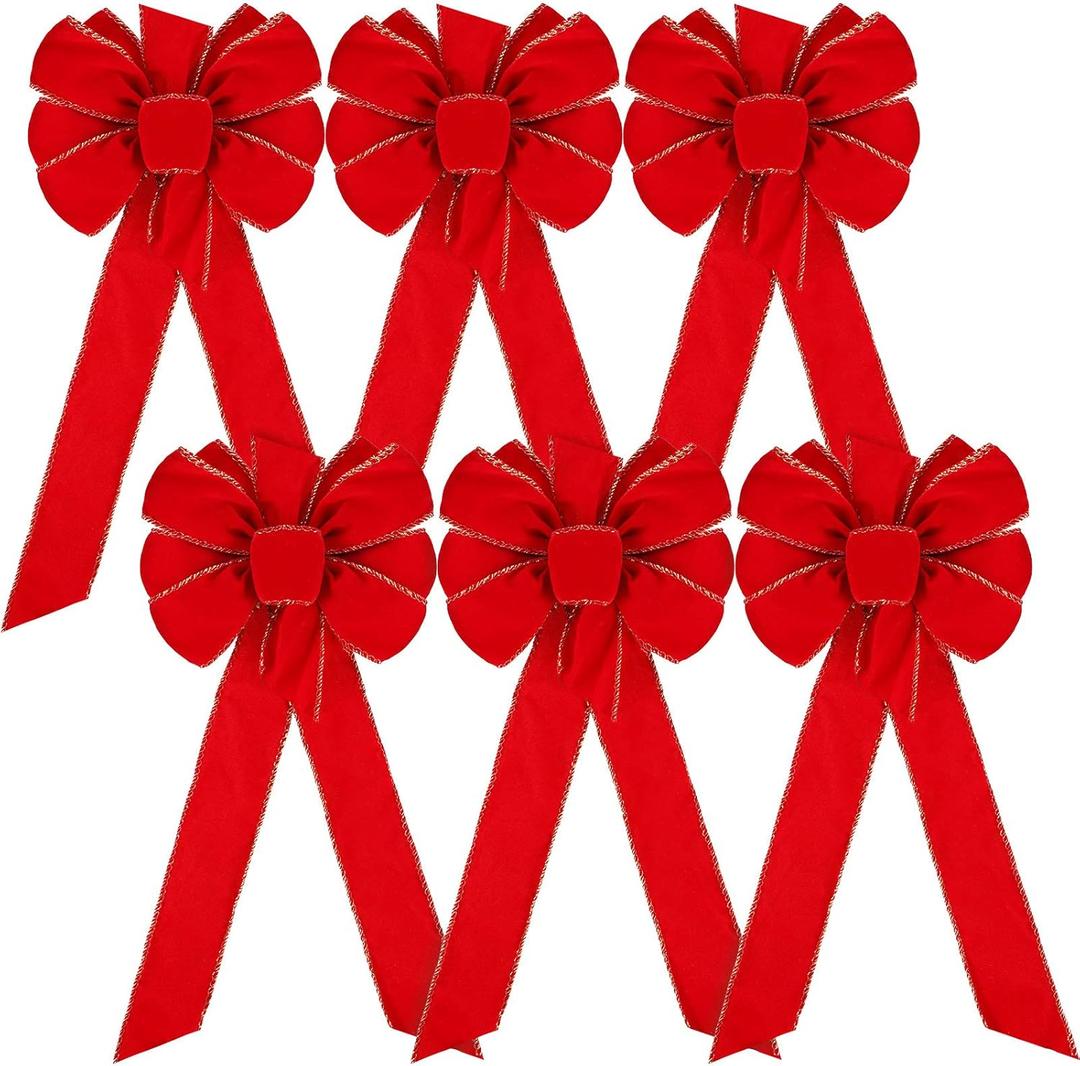 WILLBOND 6 Pieces Velvet Christmas Red Bows Gold Wired Edge Ribbon Christmas Wreath Ornament Bows for Xmas Tree Wreath Fence Stairs Railing Fireplace Home Indoor Outdoor Front Door Decorations