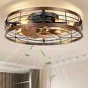 VOLISUN Farmhouse Caged Ceiling Fans with Lights Flush Mount, 23.6'' Rustic Low Profile Ceiling Fan with Light and Remote, Bladeless Fandelier Ceiling Fans with Lights for Kitchen, Bedroom-Gold