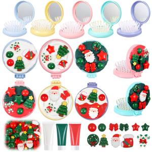 Vesici 12 Pcs Christmas DIY Mini Hair Brush with Mirror Cute Folding Hairbrush with Resin Christmas Tree Santa Candy Cane Bow Decor for Decorate Your Own Mirror Party Activity DIY Creative Craft