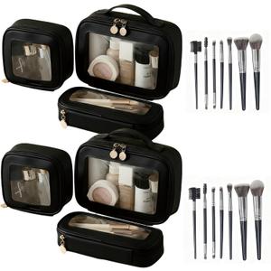 2 Complete Sets of 3-Size Makeup Bags | Premium Transparent & Waterproof Cosmetic Organizer Storage Bag | Travel Toiletry & Skincare Storage Set (Black, L+M+S+MakeupBrushes)
