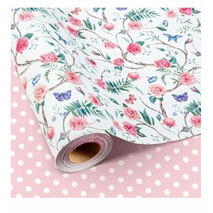 Retrify Pink Flowers Wrapping Paper Roll - 17 Inches x 32.8 Feet Mini Roll Cute Butterfly and Polka Dots Gift Wrap Paper for Mother's Day, Wedding, Birthday, Baby Shower, Holiday