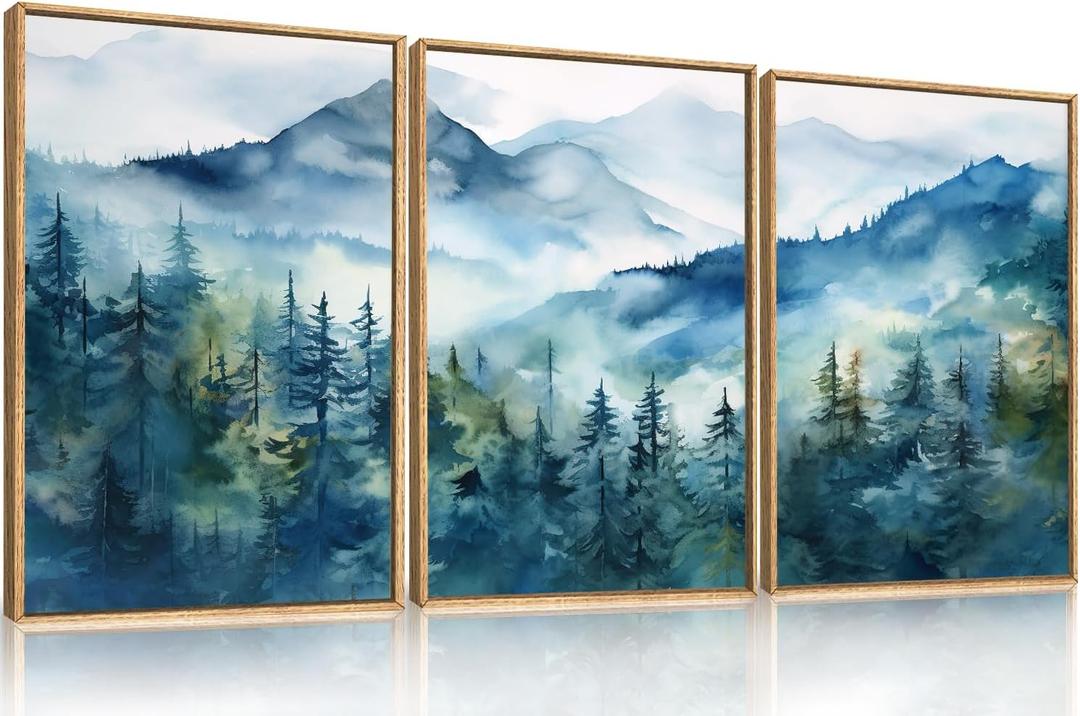 Celestdeco Blue Ridge Mountains Forest Framed Canvas Wall Art Set, Natural Landscape Wall Decor, Green Pine Trees Wall Painting, Woodland Artworks for Living Room, Bedroom, Dining Room - 24"x36"x3