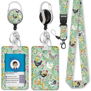 Immaturus Floral Chickens Lanyards for ID Badges, Cute Rooster Badge Holder Retractable Badge Reel, Animal Lanyard Id Holder Clip, Keychain Name Tag ID Card Protector Teacher Women Doctor Office Gift