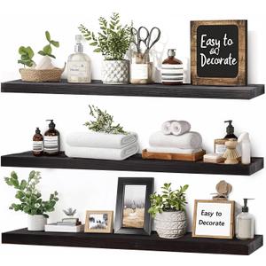 24x5.8x0.8in Floating Wall Shelves Rustic Solid Wood 3-Pack, Black, 24"-Set of 3