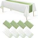 8Pack Plastic Tablecloths and Satin Table Runner Set Disposable White and Sage Green Dot Table Cloth Green Satin Table Runner for Wedding Birthday Baby Shower Anniversary Holiday Party Decorations