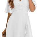 Dokotoo Women's Wrap V Neck Short Flared Sleeve Wedding Guest Dress Smocked Elastic Waist Tiered Belted Ruffle Hem Mini Dress (White, L)