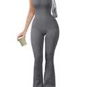 OQQ Women Yoga Jumpsuits Ribbed Crew Neck Sleeveless Bell Bottoms Flare Jumpsuits Darkgrey, Medium