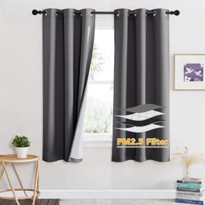 RYB HOME Soundproof Curtains for Bedroom, PM2.5 Particle Filter 100% Blackout Energy Saving Small Window Curtains for Baby Nursery Living Room Home Office, Grey, W 42 x L 63 inches, 2 Pcs