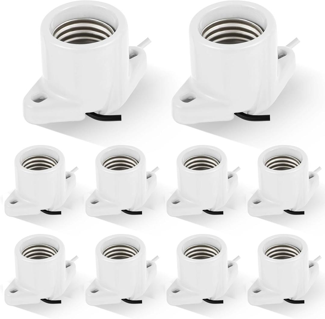 10 Pcs E26 Light Socket Porcelain Lamp Holder Socket Medium Keyless Threaded Base with Two Hole Flange Mounting and 6" Wire Indoor Garage Closet Lighting