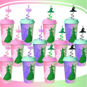 AFZMON Pack of 24 Witch Party Favors Cups with Straws Bulk, 16OZ Pink and Green Plastic Cups, Change for Good Birthday Party Decorations Goodie Bags Stuffers Supplies Gifts for Kids