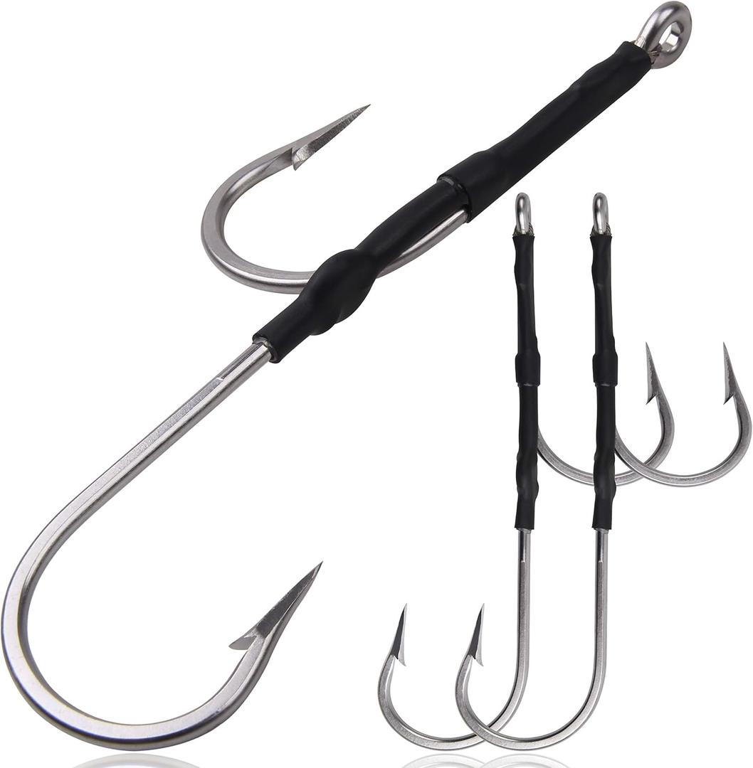 Double Hook Rigs for Trolling Chunking, 3pcs Double Trolling Hooks Saltwater Big Game Stainless Steel Fishing Hooks for Marlin Shark Tuna Wahoo Dorado Fishing (9/0-3pcs)