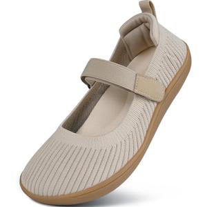 Women's Barefoot Mary Jane Flats - Wide Toe Box & Round Toe Knit Ballet Flat Shoes, Comfortable Dressy Casual Office Shoes (Beige, M)