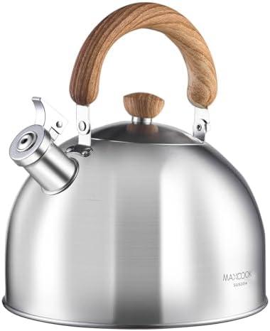MAXCOOK 18/8 Stainless Steel Tea Kettle for Stovetop (4L / 4.23 Quart Whistling Tea Pot, Wood Handle)-Silver