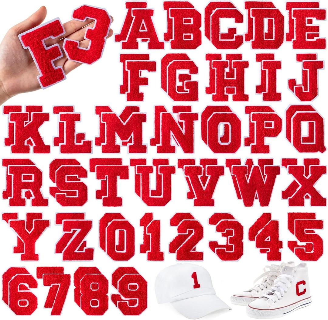 Lyrow 72 Pieces Chenille Letters Patches Iron on 3. 2 H x 2. 2 W Letters and Numbers a to Z Alphabet, Numbers 0 to 9 Embroidery Applique Patch for Clothing Backpacks Hats DIY Supplies(Red)