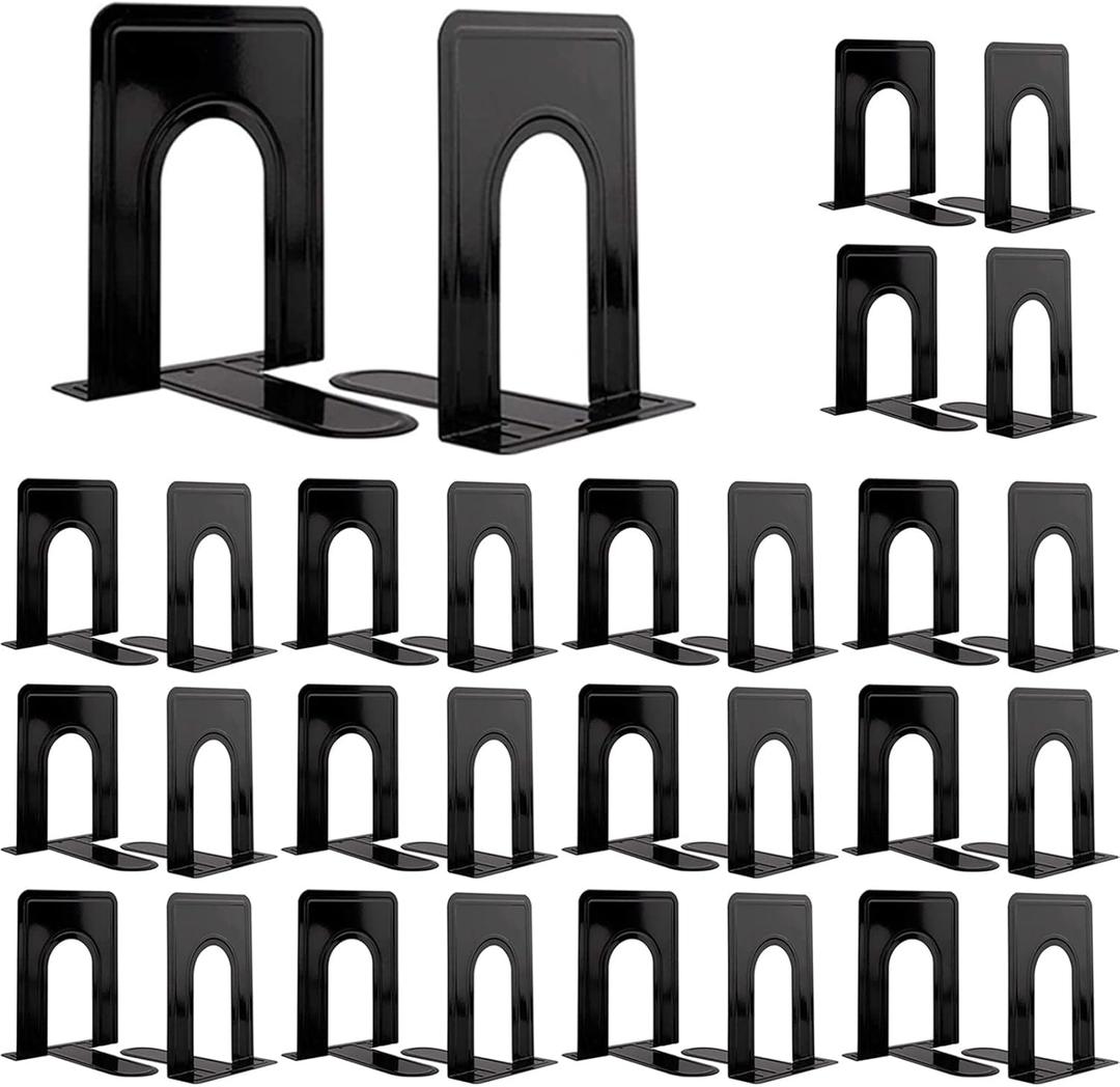 30 Pcs Metal Book Ends for Shelves, Heavy Duty Bookends for Office Home Kitchen Decorative, Nonskid Book Ends to Hold Heavy Books Black 6.5 x 5 x 5.7 in, 15 Pairs