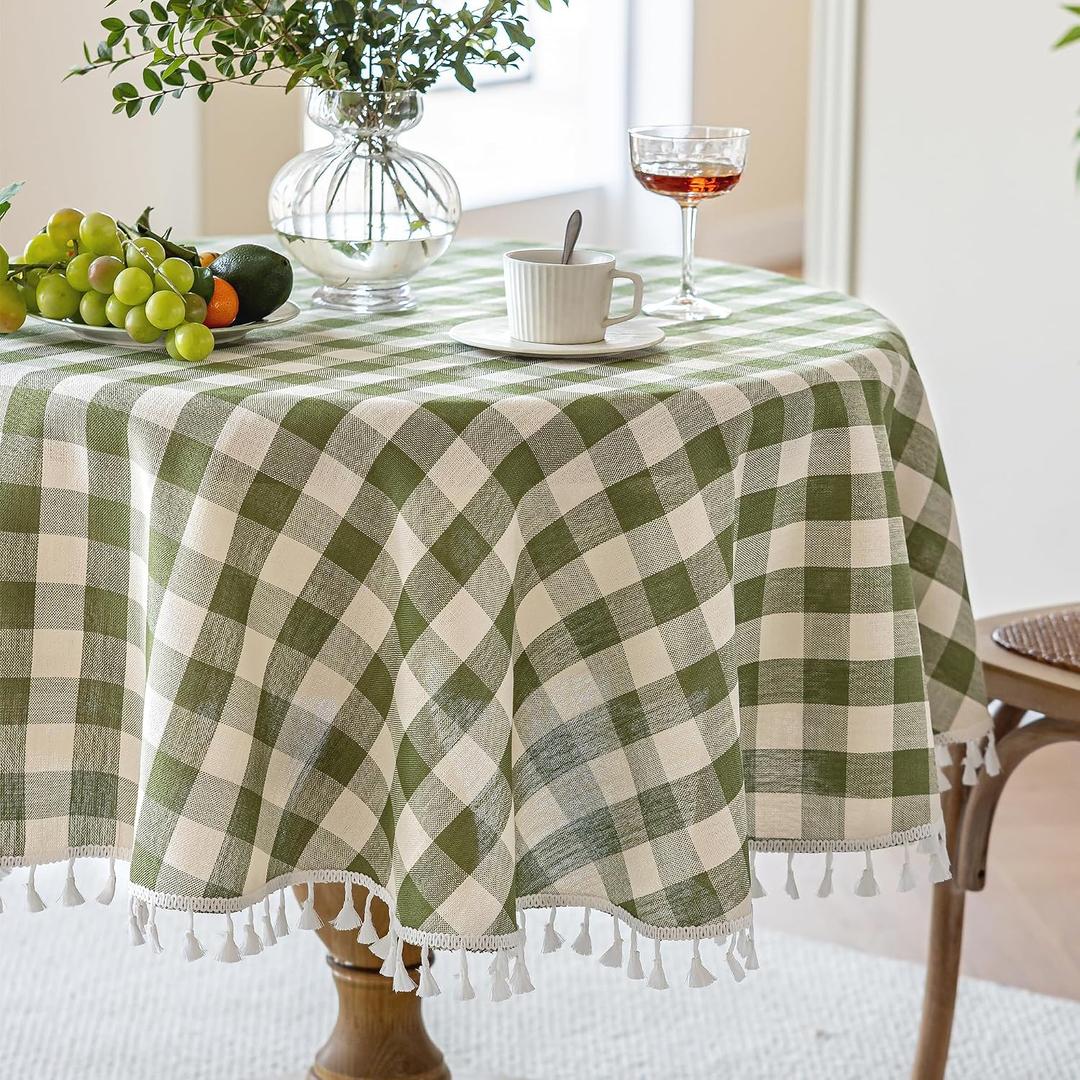 JIALE Spring Gingham Round Tablecloth 60" Cotton Linen Fabric Table Cloth with Tassel Washable Wrinkle Free Buffalo Plaid Table Cover for Birthday Party Picnic Outdoor Kitchen Dining, Green