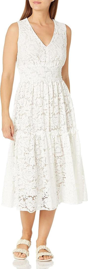 Taylor Women's Petite Sleeveless V-Neck Smocked Waist Floral Midi Lace Dress (8-9 Petite)