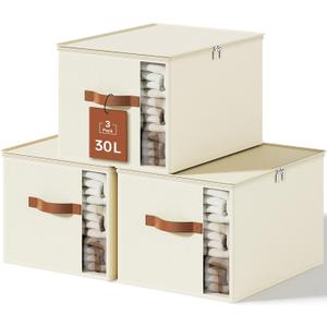 Clothes Storage Bins with Sturdy Frames, Foldable Fabric Clothing Organizer Box for Moving, Sweater Storage Cube with Lids and Zipper, Linen Closet Storage Bags for Blankets, Clothes, Sheet (Medium x 3 Packs, White)