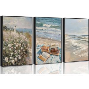 3Pcs Vintage Summer Ocean Beach Canvas Wall Art Retro Pastel Beach Book Coastal Wildflower Landscape Painting Wall Decor Trendy Preppy Print Artwork for Living Room Dorm Home Decoration Unframed