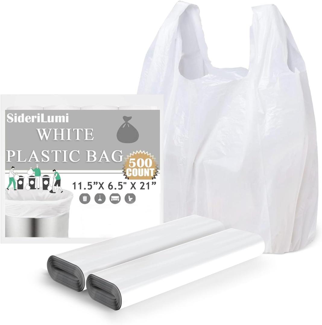 Plastic Bags, (11.5x 6.5" x 21)(500Pack) White Plastic Shopping Bags with Handles for Small Business Grocery T Shirt Bag Reusable and Disposable, in Bulk