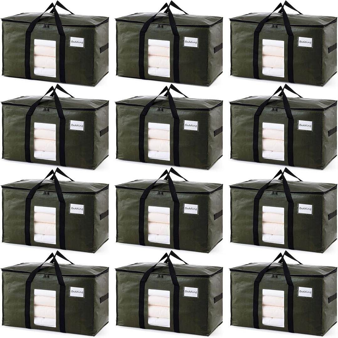 TAILI 12 Pack Green Extra Large Storage Bags, Heavy Duty Totes with Visible Window, Wrap Around Handles, Perfect for Moving and Storage