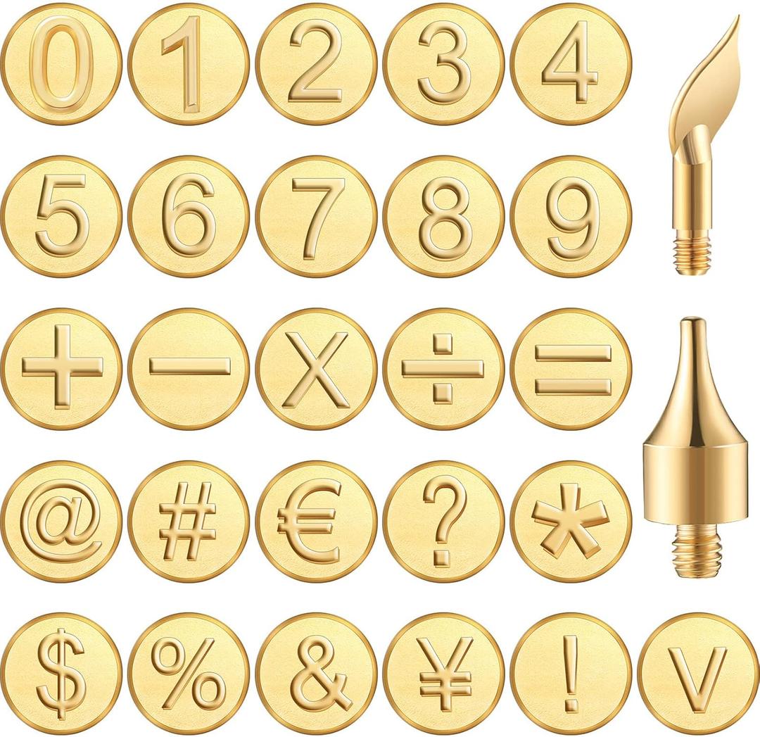 Honoson 28 Pieces Wood Burning Number Tips Stamps Kit Tool, Numbers and Symbol Copper Mold Carving Set for DIY Embossing Carve Crafts Wooden Burning Stencil Kits Hobby Woodworking Tools