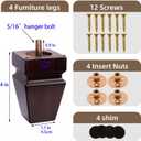 Set of 4 Premium Square Wood Furniture Legs-Wooden Replacement Feet for Couch, Nightstand Sideboard Bench, Dresser Sofa with Installation Hardware (Brown 4" H*2.75" W)