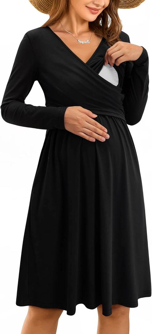 OUGES Womens 2025 V-Neck Maternity Nursing Breastfeeding Baby Shower Dress Long Sleeve Fall Clothes with Pockets (Medium)