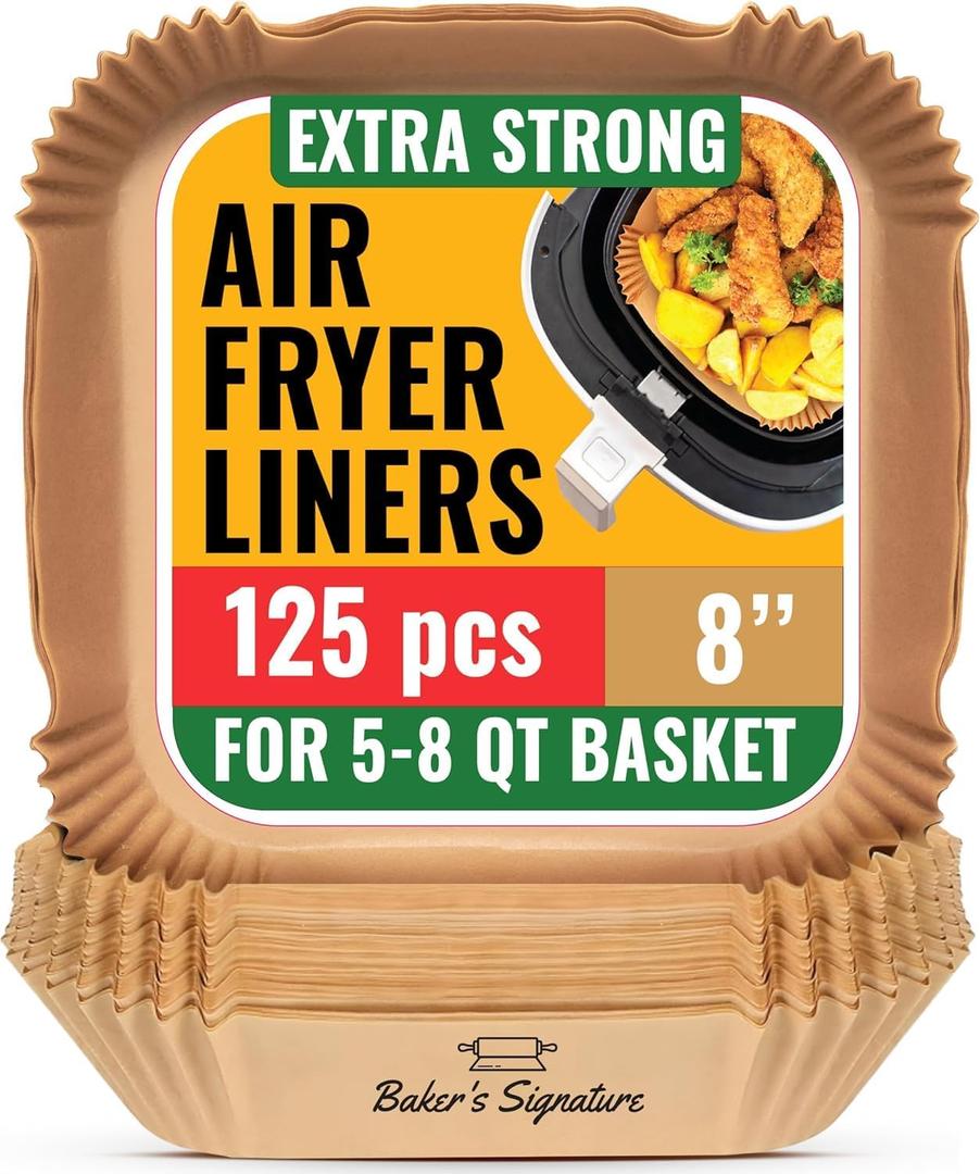 Air Fryer Paper Liners, 125Pcs Air Fryer Disposable Liners, Non-Stick and Oil Proof for Easy Cleanup, 8 Square for 5-8 qt Basket by Baker's Signature