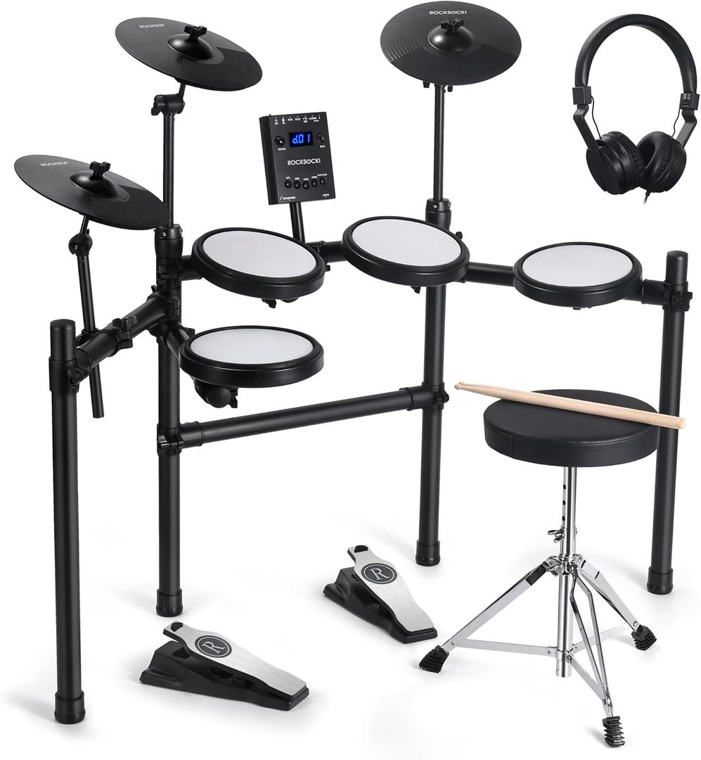 ROCKSOCKI Electric Drum Set, Electronic Drum Kit for Beginner with 8" Dual Zone Snare, Choke Cymbals, 4 Quiet Mesh Drum Pads, MIDI, Stool, Headphone, Sticks
