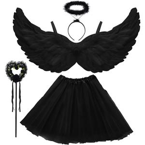 WILDPARTY Angel Costume Accessories for Women, Tulle Tutu Skirt, Angel Wings and Halo Wings and Halo Black Angel Costume for Women Photo Shoot Prop, Halloween Costume